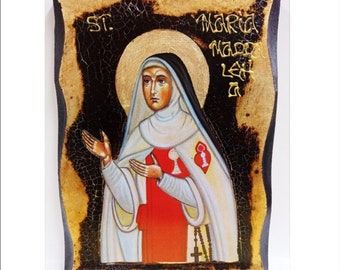 Saint Mary Magdalene de' Pazzi - Santa Maria Maddalena de' Pazzi Handmade Wood Icon on plaque with physical aging and Golden Leaf 24K
