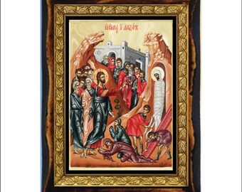 Lazarus Sábado - El levantamiento de Lázaro icono de madera hecha a mano en placa ortodoxa, católica, romana, bizantina, arte copto