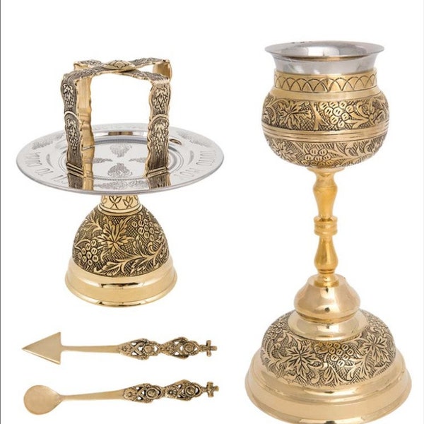 Brass Chalice Set - Gold plated Communion Set - Communion Chalice - Brass chalice set of 5 items: Holy Glass, Disk, Asterisk, Spear,Tweezers