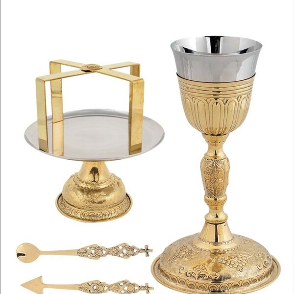 Brass Chalice Set - Gold plated Communion Set - Communion Chalice - Brass chalice set of 5 items: Holy Glass, Disk, Asterisk, Spear,Tweezers