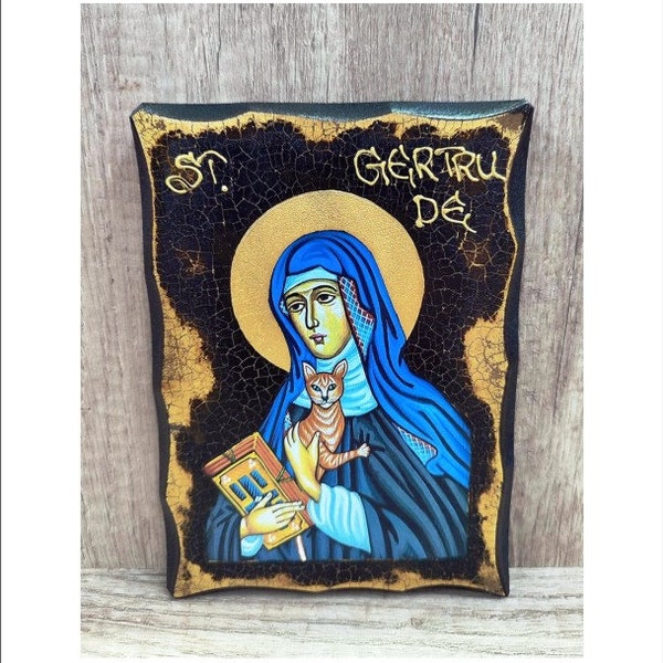 Gertrude of Nivelles - Gertrude Patron of Cats - Gertrude de Nivelles - Handmade Wood Icon on plaque with physical aging and Golden Leaf 24K