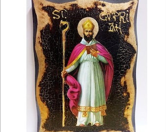 Saint Cyprian - Saint Cyprian of Carthage - Cyprian von Karthago Handmade Wood Icon on plaque with physical aging and Golden Leaf 24K
