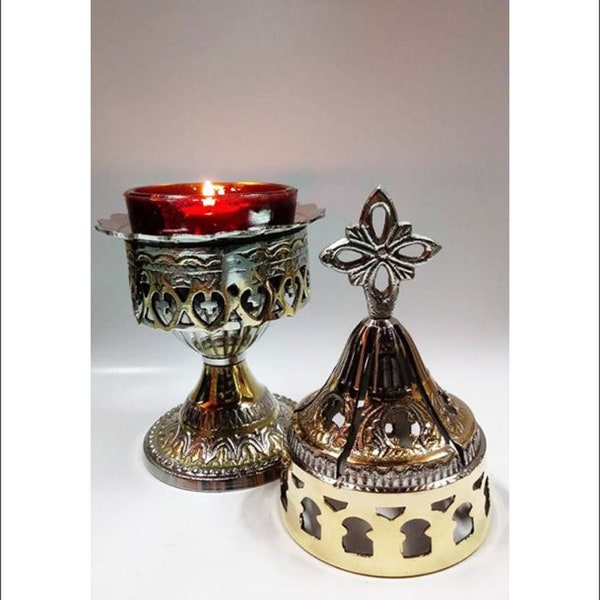 Standing Oil Lamps - Table Oil Lamp - Oil Lamp Holders - Oil Vigil Lamp Brass, Gold and Silver - Oil Candle with Glass Cup Home Decor Wall
