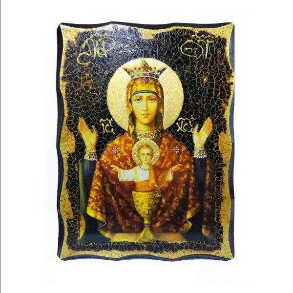 Theotokos du calice inépuisable - Madre di Dio Calice Inesauribile - Bois fait à la main, icône avec vieillissement physique et feuille d’or 24K