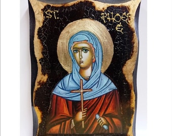 Saint Phoebe - Phœbé de Cenchrée - Phoibe - Santa Febe Handmade Wood Icon on plaque with physical aging and Golden Leaf 24K