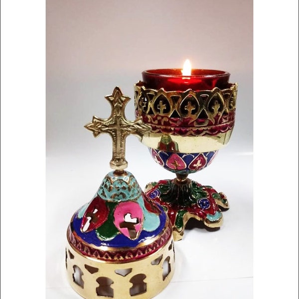 Standing Oil Lamps - Table Oil Lamp - Oil Lamp Holders - Oil Vigil Lamp Brass, gold-gilding - Oil Candle with Glass Cup Handpainted
