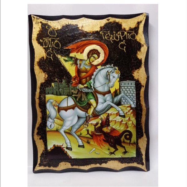 San Jorge - Georges de Lydda - Jorge de Capadocia -San Jorge - Helliger Georg Icono de madera hecho a mano con envejecimiento físico y Hoja de Oro 24K