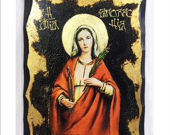 Saint Apollonia - Sainte Apolline - Santa Apollonia - Santa Apolonia - Apollonia Handmade Wood Icon with physical aging and Golden Leaf 24K