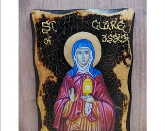 Claire d’Assise - Sainte Claire d’Assise - Claire d’Assise - Santa Clara Icône en bois faite à la main sur plaque avec vieillissement physique et feuille d’or 24K
