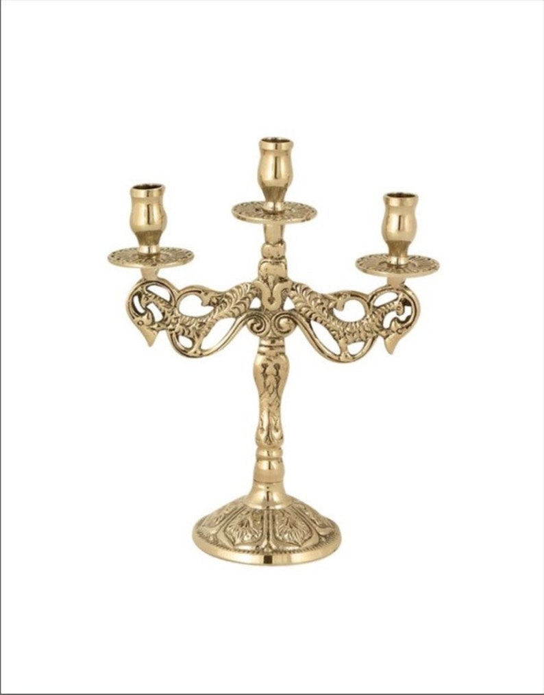 Brass Candlestick Three Candle Carved Brass Candlestick Etsy
