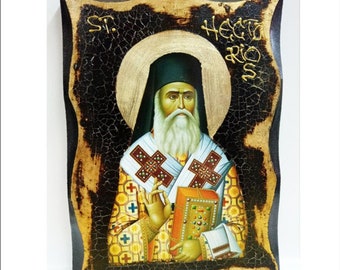 Saint Nektarios of Aegina - Nectarios of Aegina - Nectaire d'Égine Handmade Wood Icon op plaquette met fysieke veroudering en Golden Leaf 24K