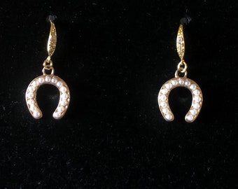 Gold horseshoe earrings, Gold and pearl, delicate, horse girl gifts