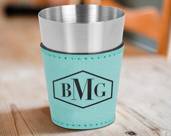 2 Custom Engraved Shot Glasses-Vegan Leather and Stainless Steel-5 Color Choices-Monogrammed Shot Glass Set-Groomsmen Gift-Bridal Party