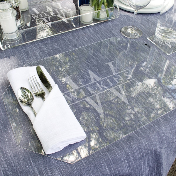 Personalized Placemats-Clear Acrylic Elongate Octagon-Monogrammed Casual Hard Place Mats-Outdoor Events/Wedding Receptions/Baby Showers