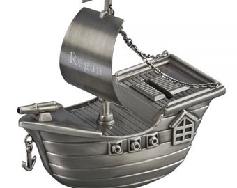 Custom Pirate Ship Bank/ Brushed Pewter/Non-Tarnish Finish/ 6" H x 5.5"W x 2.5" D/ Personalized Baby Shower Gift/ Childs Birthday Gift