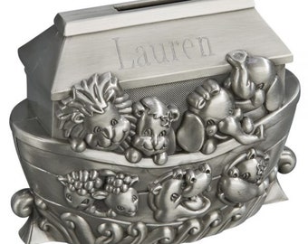 Custom Engraved Bank/Noah's Ark Childrens Bank/ Brushed Pewter/Non-Tarnish Finish/ 3.75" H x 2"W x 4.75" L/ Personalized Baby Shower Gift