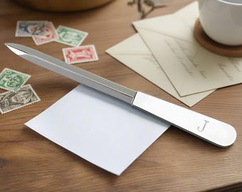 May include: A silver-toned metal letter opener with a pointed blade and a flat handle featuring the engraved letter J. The tool rests diagonally across a square white note card, positioned near several postage stamps and envelopes.