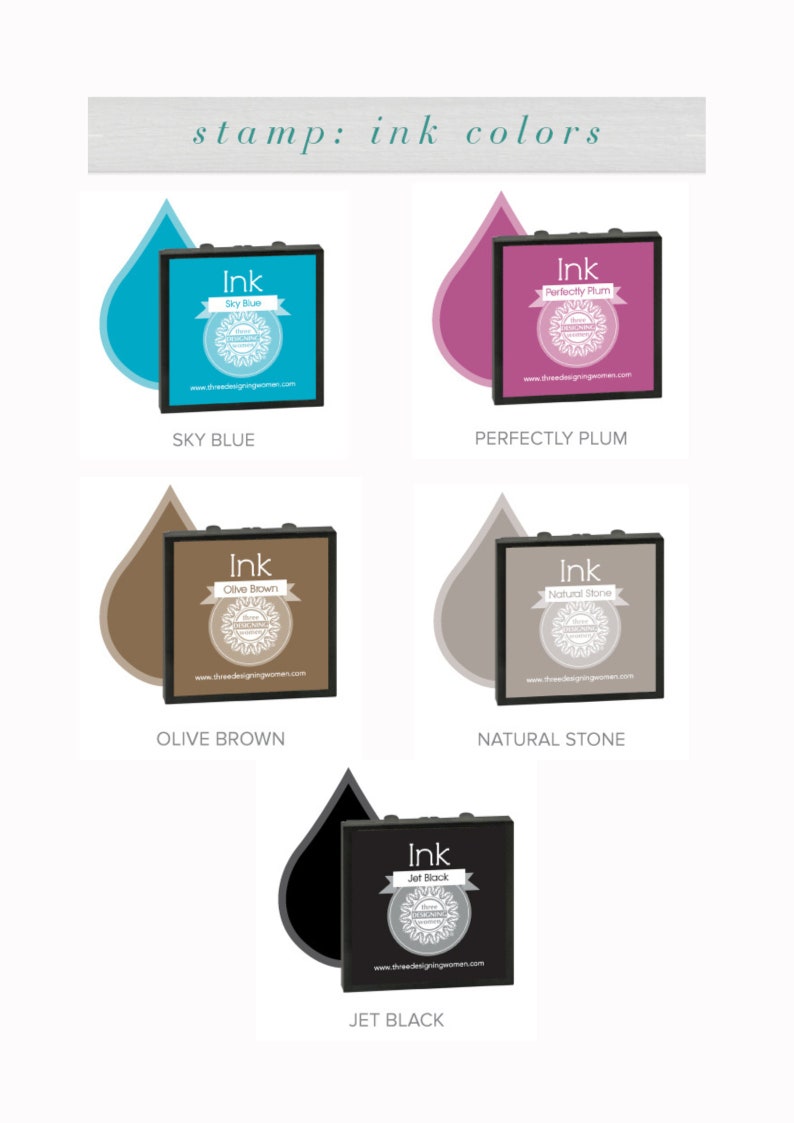 May include: Image showcasing five ink stamp colors: Sky Blue, Perfectly Plum, Olive Brown, Natural Stone, and Jet Black. Each color is displayed with a corresponding ink drop and stamp pad, with the text "stamp: ink colors" at the top.