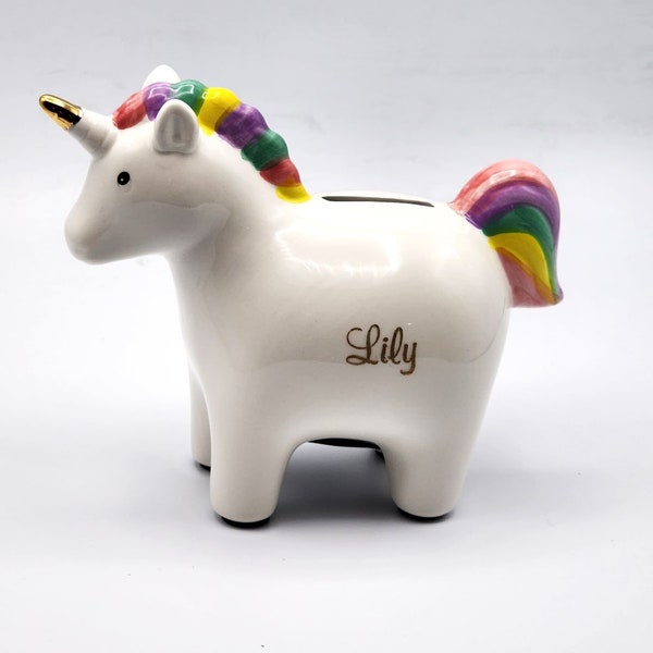 Custom Engraved Unicorn Bank 6.75" x 5.5" - White and Rainbow Ceramic Piggy Bank-Personalized Christmas Gift-Birthday Gift-Baby Shower Gift