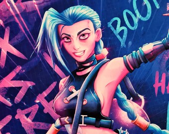 J1nx Arcane Art Print: Blue Haired Girl, Gaming Character, Gamer Room Decor, Steampunk Fantasy