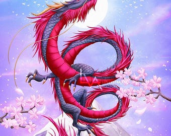 Red Dragon Art Print 'Rubiryuu' – Mythical Creature Illustration | Japanese Inspired Home Wall Decor Fantasy Gift