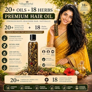 Può includere: Una bottiglia in plastica trasparente di olio per capelli premium VillageHerbal Ayurvedic contenente erbe e oli visibili. Il testo evidenzia 20+ oli e 18 erbe per radici più forti e capelli più sani, con icone che descrivono benefici come lucentezza naturale e riduzione della caduta.