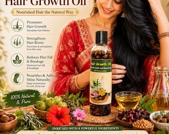 May include: A clear plastic bottle of Village Herbal Ayurvedic Hair Growth Oil with a black cap, featuring a label with botanical illustrations. The bottle contains visible herbs and oil, surrounded by fresh amla, hibiscus, and various herbal ingredients.
