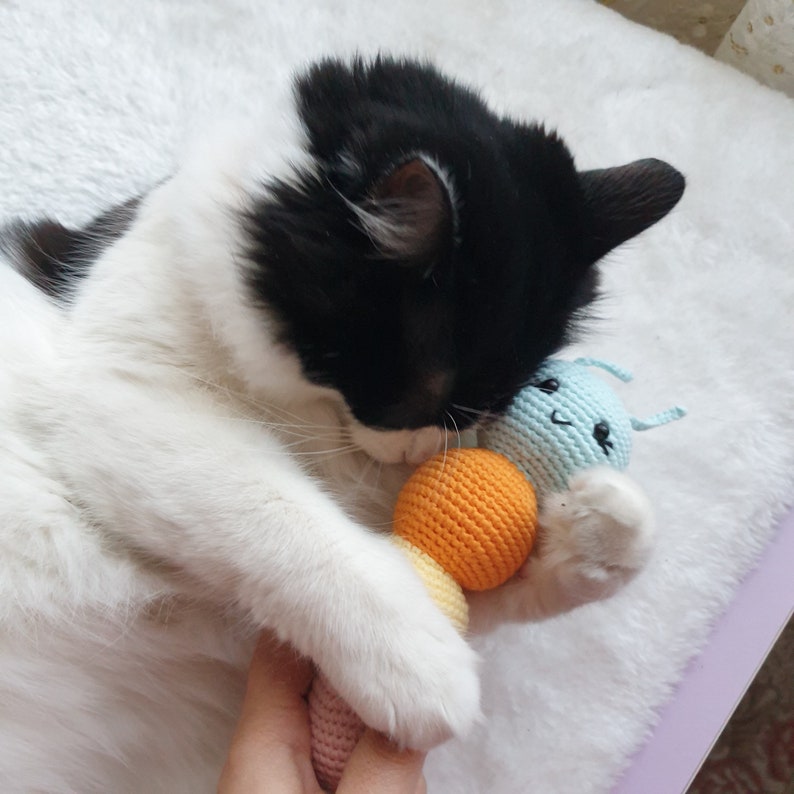 May include: A black and white cat playing with a crocheted toy. The toy is made of three balls, one pink, one orange, and one blue. The blue ball has a happy face on it.