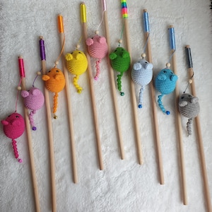 Catnip Cat Toy Wand: Crochet Mouse Teaser with Bell