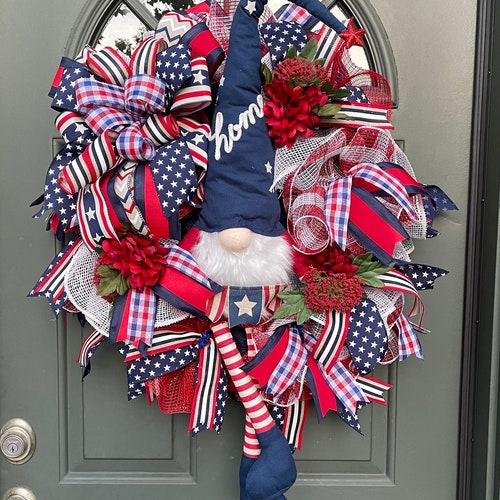Patriotic Wreath Gnome Wreath Front Door Wreath Door Hanger Whimsical Wreath shops Patriotic Decor