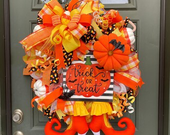 Witch Wreath  Witches Boots  Trick or Treat Halloween Wreath  Front Door Hanger Whimsical Wreath   Halloween Decoration  Halloween