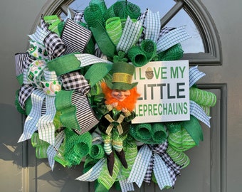 Leprechaun Wreath  St Patrick's Day   Irish Decor  Front Door Wreath  St Patty's Day Wreath  Green and White  Four Leaf Clover  Home Decor