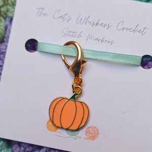 May include: A gold-colored stitch marker with a pumpkin charm. The orange pumpkin has a green stem and is attached to a gold clasp. The text "The Cat's Whiskers Crochet Stitch Markers" is printed on the white card.