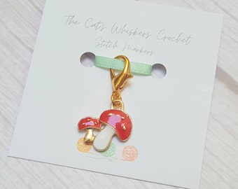 Mushroom Toadstool Stitch Marker: Gold Enamel Charm for Knitting & Crochet