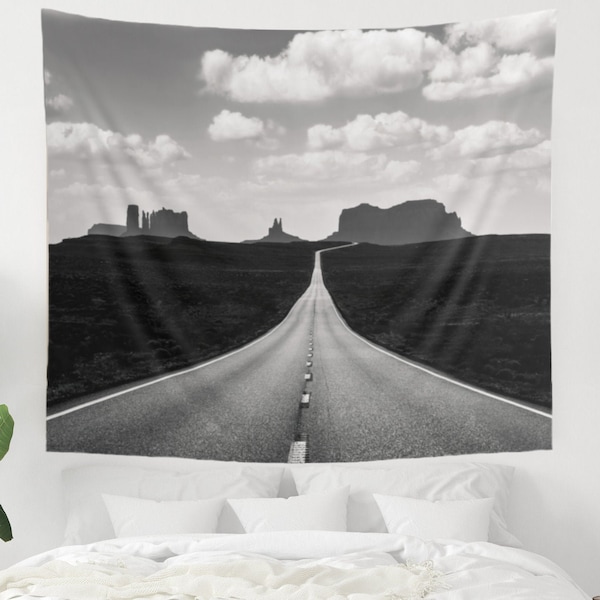 Desert Tapestry, Monument Valley, Black White Tapestry, Desert Decor, Desert Road, Arizona Tapestry, Black White Desert, Desert Photography