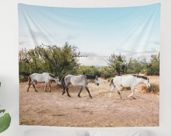 Horse Tapestry, Blue Tapestry, Arizona Tapestry, Desert Horse, Horse Photo, Salt River Horse, Nature Tapestry, Wild Horse, Horse Lover Gift