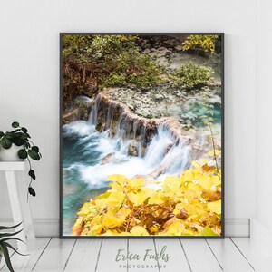 Wasserfall Foto, Oasis Print, HerbstDruck, Havasupai, Türkis Wasser, Wasserfall Poster, Aqua Print, Blau Gelb Kunst, Herbst Wandkunst