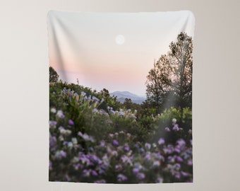Mountain Tapestry, Purple Tapestry, Floral Tapestry, Nature Tapestry, Mountain Wall Art, Moon Tapestry, Full Moon, Sunset Tapestry