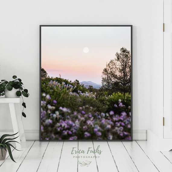 Mountain Sunset Print, Full Moon Photo, Purple Flowers, Mountain Photography, Moon Decor, Mountain Wall Art, Moon Wall Art , Mountain Print