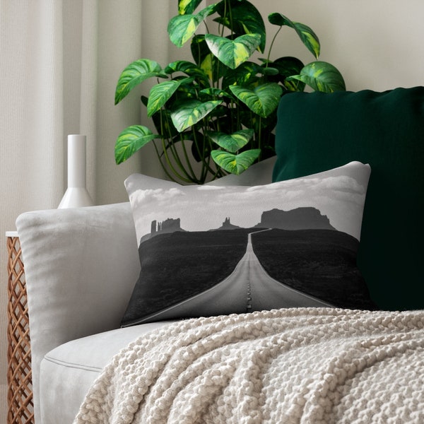 Monument Valley Art, Desert Pillow, Black White Pillow, Lumbar Pillow, Arizona Gift, Navajo Nation, Desert Photo, Desert Road, Unique Pillow