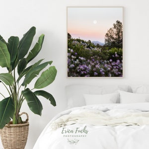 May include: A photograph of a field of purple wildflowers with a mountain range in the background. The sky is a soft pink and blue with a full moon visible. The image is framed in a light wood frame.