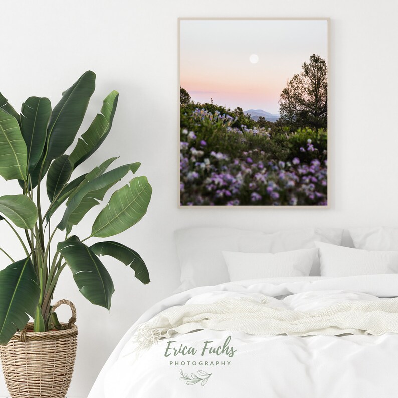 May include: A photograph of a field of purple wildflowers with a mountain range in the background. The sky is a soft pink and blue with a full moon visible. The image is framed in a light wood frame.