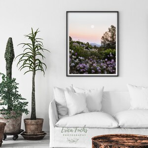 May include: A framed photograph of a landscape with a full moon in the sky. The landscape is a field of purple wildflowers with a tree in the background. The sky is a soft pink and orange.