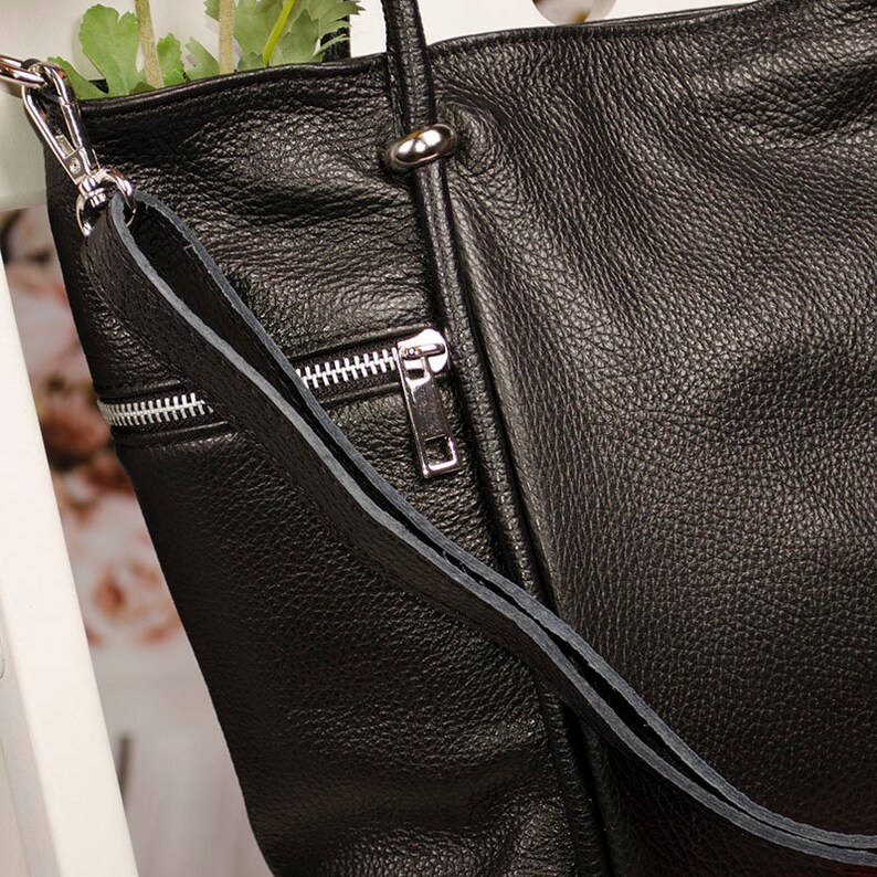 Black Italian Leather Tote Shopper for A4 or Laptop Vera Pelle VP14005 for Woman Grain Leather for Every Day Job Tavel Minimalist style