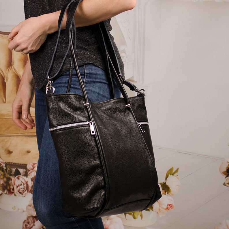 Black Italian Leather Tote Shopper for A4 or Laptop Vera Pelle VP14005 for Woman Grain Leather for Every Day Job Tavel Minimalist style