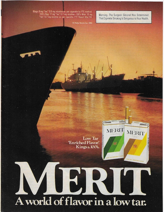 ship cigarettes Original 1985 Full Page Magazine Advertisement for MERIT Cigarettes 8 x 11  inches Beautiful Graphics FREE Shipping!