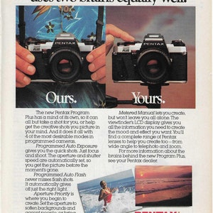 May include: A vintage advertisement for the Pentax Program Plus camera. The ad features two images of the camera, one with a person holding it and the other on a tripod. The text highlights the camera's features, including its automatic exposure and flash capabilities.