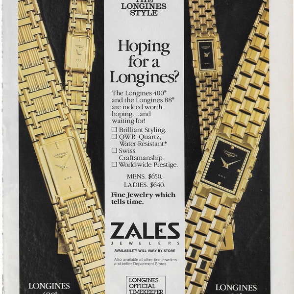 Original 1987 Full Page Magazine Advertisement for LONGINES Watches Available at Zales 8 x 11 inches FREE Shipping!