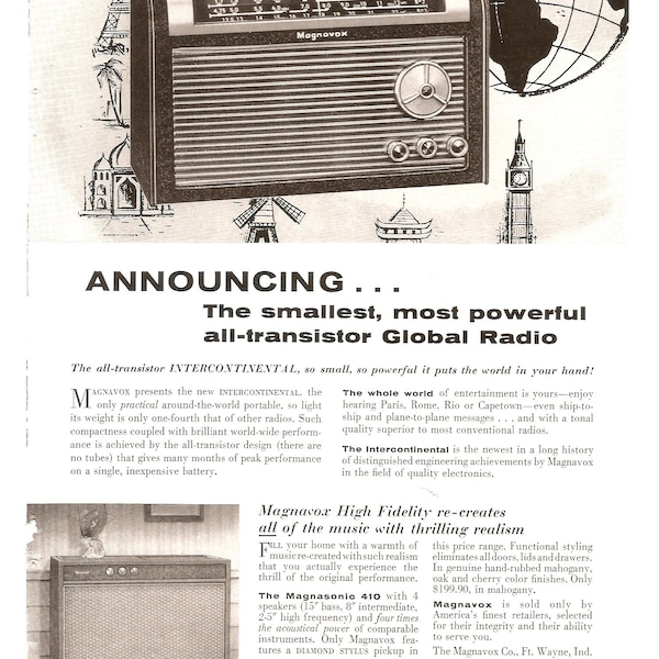 Original 1957 Full Page Magazine Advertisement for the MAGNAVOX All-Transistor GLOBAL RADIO 7 x 10 inches Free Shipping