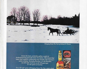 May include: A snowy winter scene with a horse-drawn sleigh carrying a Christmas tree. The image is accompanied by a bottle of Old Grand-Dad Kentucky Straight Bourbon Whiskey. The text "The Spirit of America" is displayed at the top of the image.